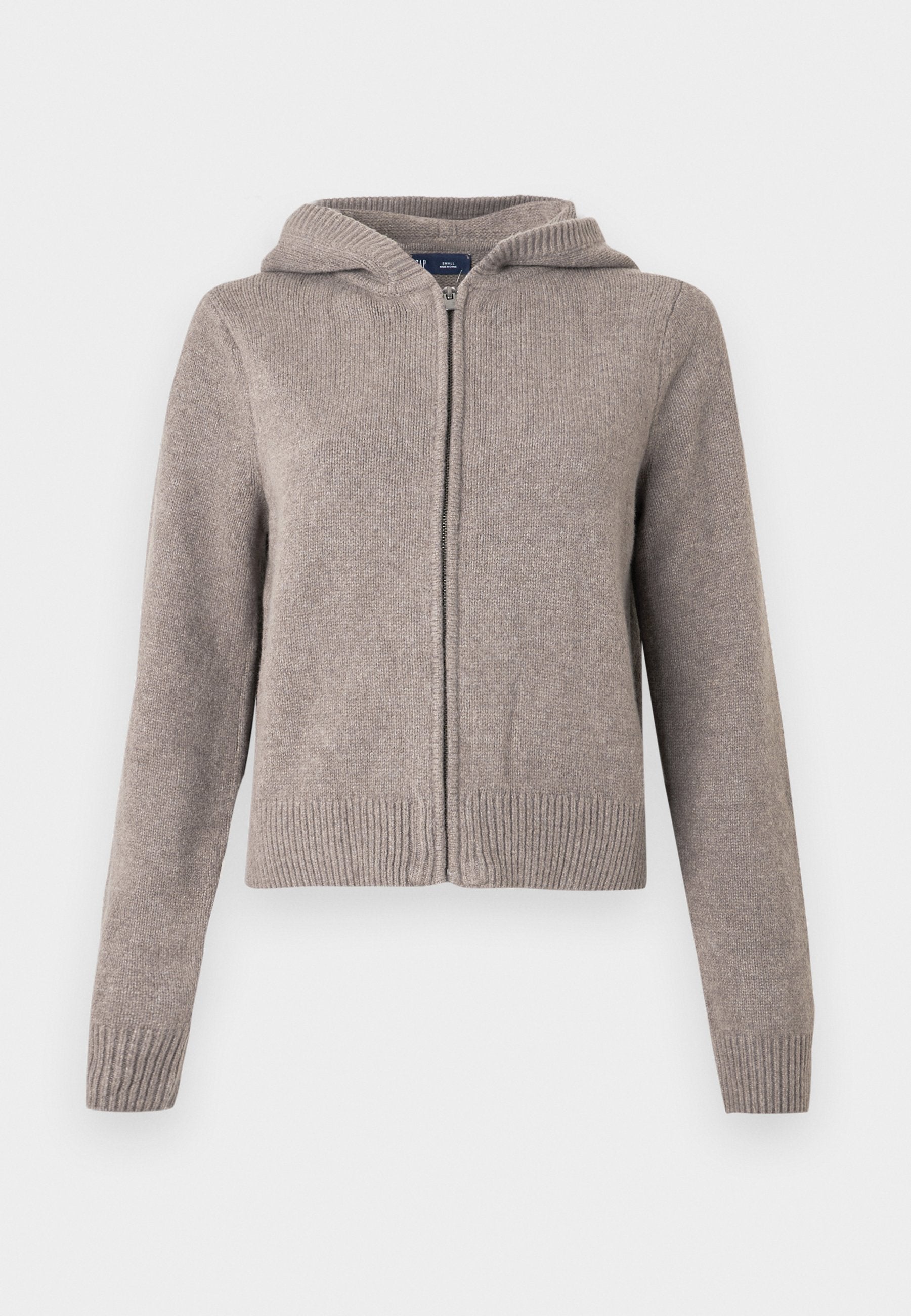 Grauer, gestrickter Kapuzenpullover mit gerippten Bündchen und Saum, vorne mit Reißverschluss und einer strukturierten Oberfläche, entworfen für den Freizeitgebrauch.