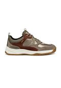 Schnürsneaker mit einer Mischung aus bronzefarbenen, braunen und grauen Materialien. Verfügt über eine strukturierte Oberfläche, eine gepolsterte Sohle und kontrastierende Akzente.