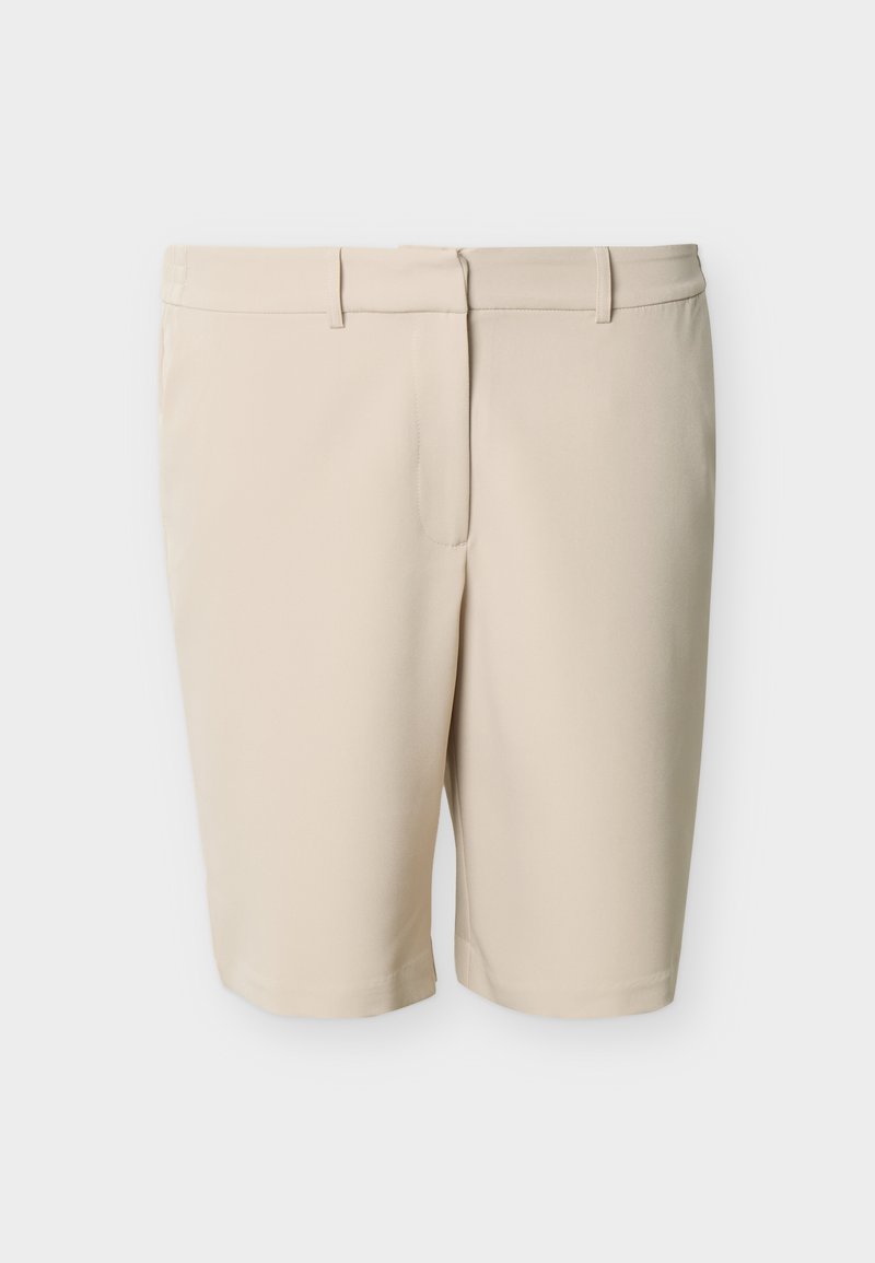 Beige knielange Shorts mit Gürtelschlaufen, flacher Vorderseite und verdecktem Reißverschluss, vor einem schlichten weißen Hintergrund präsentiert.