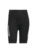 Schwarze Radsportshorts mit gepolstertem Einsatz, elastischem Bund und reflektierendem Dreistrichdesign an den Seiten, aus dehnbarem Material.