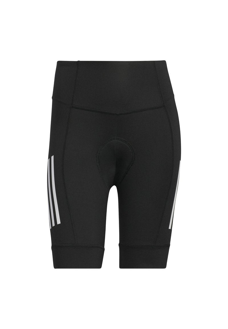 Schwarze Radsportshorts mit gepolstertem Einsatz, elastischem Bund und reflektierendem Dreistrichdesign an den Seiten, aus dehnbarem Material.