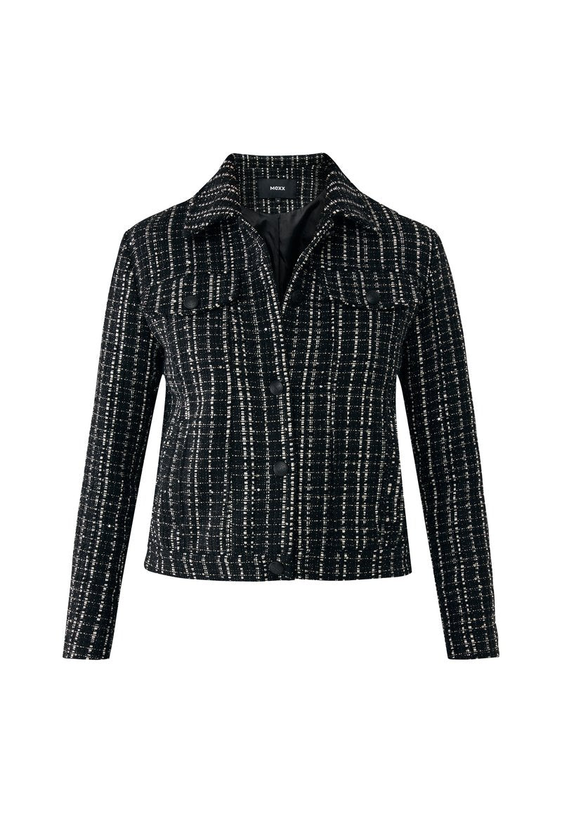 Schwarz-weiße karierte Jacke mit Kragen, durchgehender Knopfleiste und zwei Brusttaschen. Texturiertes Material mit strukturiertem Schnitt und langen Ärmeln.