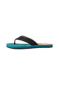 Schwarze Flip-Flops mit strukturiertem Riemen, blauer Sohle und mehrfarbigen Akzenten. Leichtes Design für den lässigen Gebrauch.