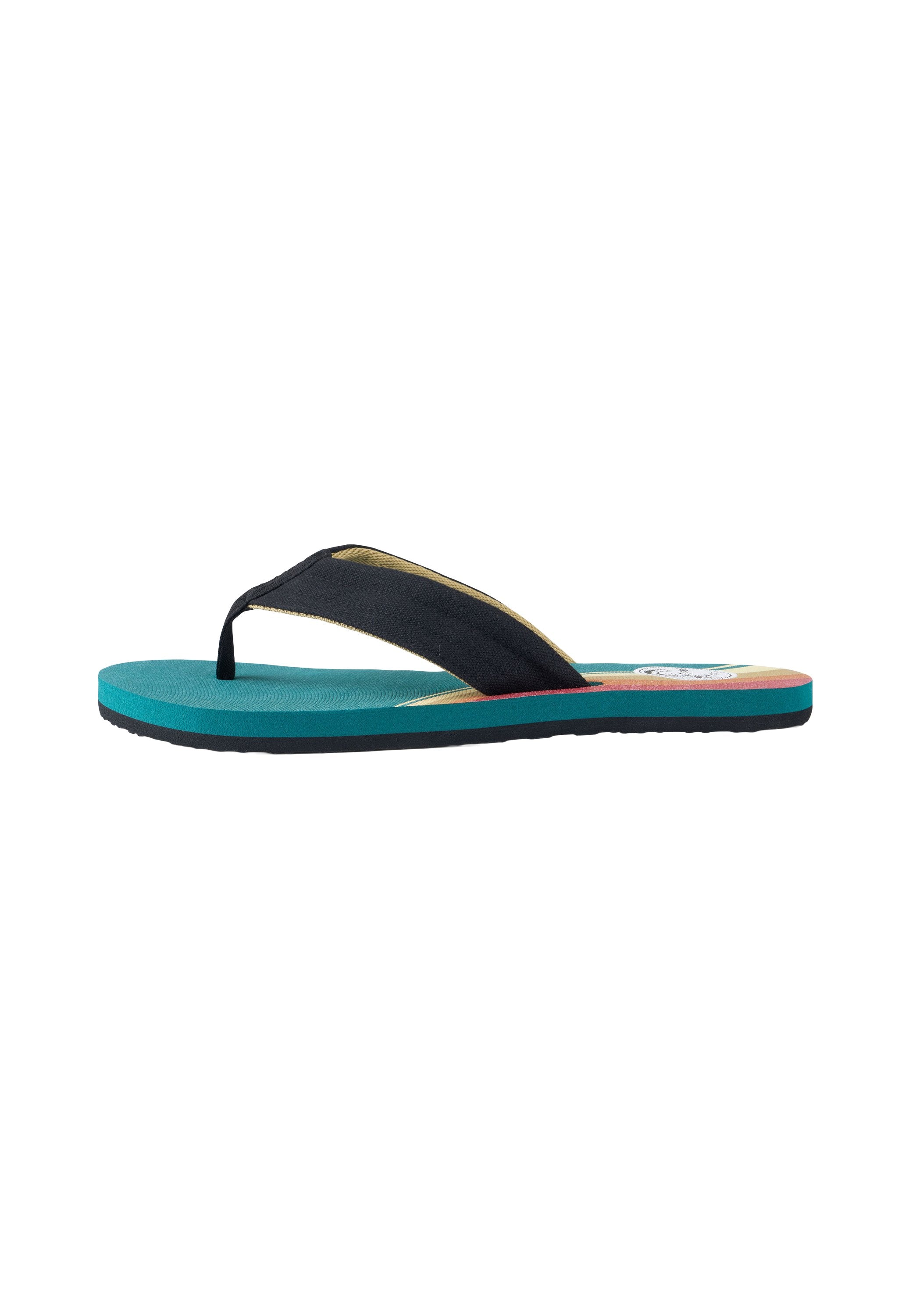 Schwarze Flip-Flops mit strukturiertem Riemen, blauer Sohle und mehrfarbigen Akzenten. Leichtes Design für den lässigen Gebrauch.