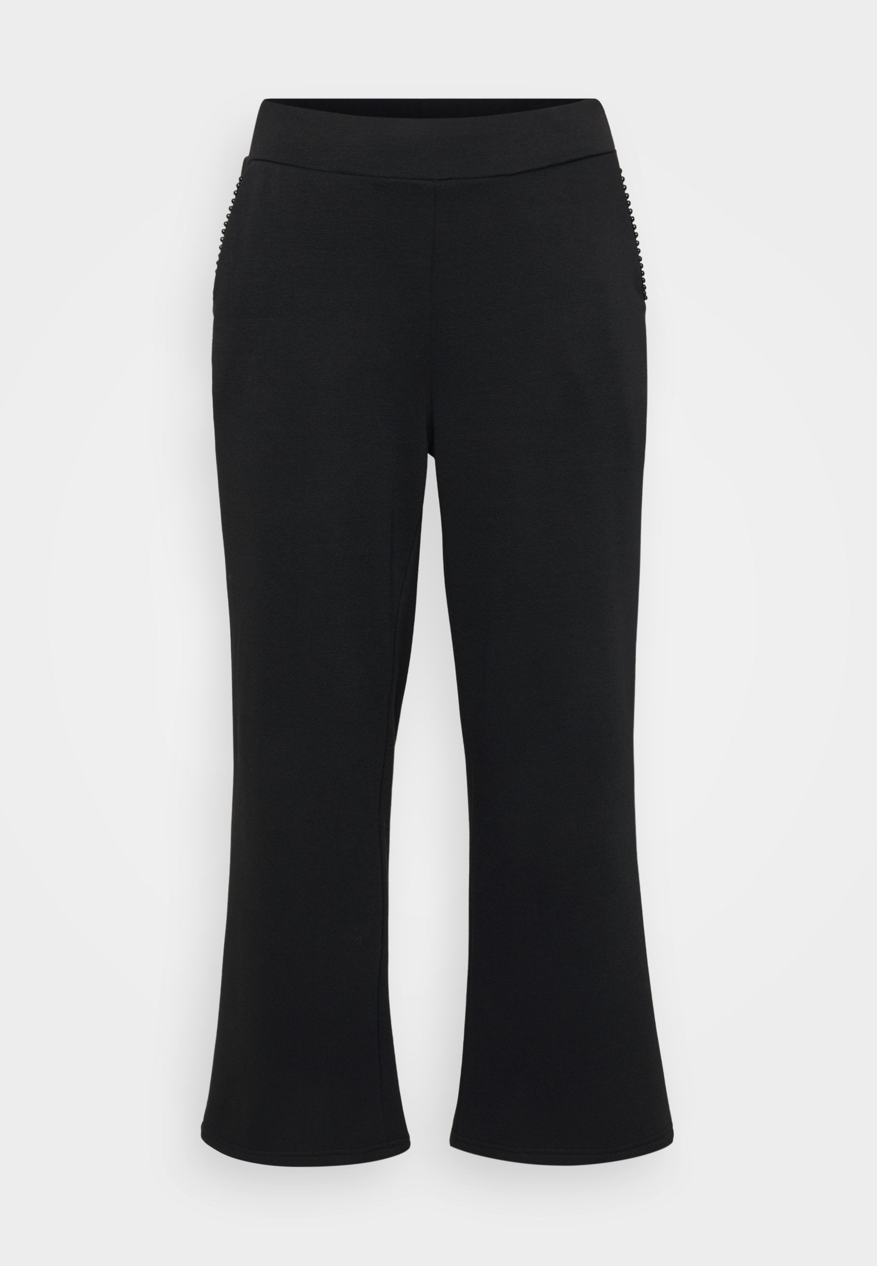 Schwarze, ausgestellte Hosen mit einer glatten, dehnbaren Textur. Verfügt über einen breiten Bund und gerippte Akzente an den Seitentaschen.