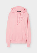 Hellrosa Kapuzenpullover mit Fronttasche und kleinem geometrischem Logo auf der linken Brust, ausgestattet mit Kordelzügen und gerippten Bündchen.