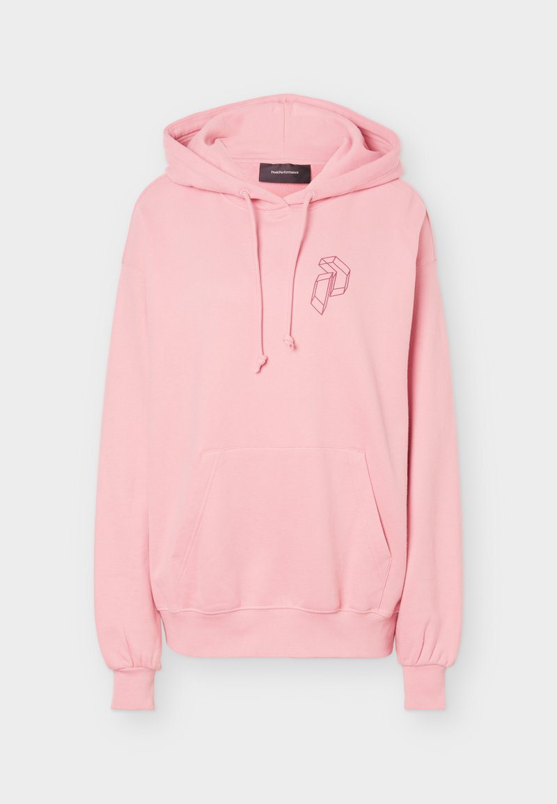 Hellrosa Kapuzenpullover mit Fronttasche und kleinem geometrischem Logo auf der linken Brust, ausgestattet mit Kordelzügen und gerippten Bündchen.