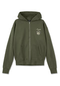 Olivegrüner Reißverschluss-Hoodie aus weichem Stoff, mit einem Logo-Print auf der Vorderseite und zwei Seitentaschen. Eingestrickte Bündchen und Saum sorgen für Textur.