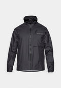 Schwarze leichte Jacke mit einem Reißverschluss vorne, hohem Kragen und einer Brusttasche. Hergestellt aus einem glatten, wasserabweisenden Stoff mit elastischen Bündchen.