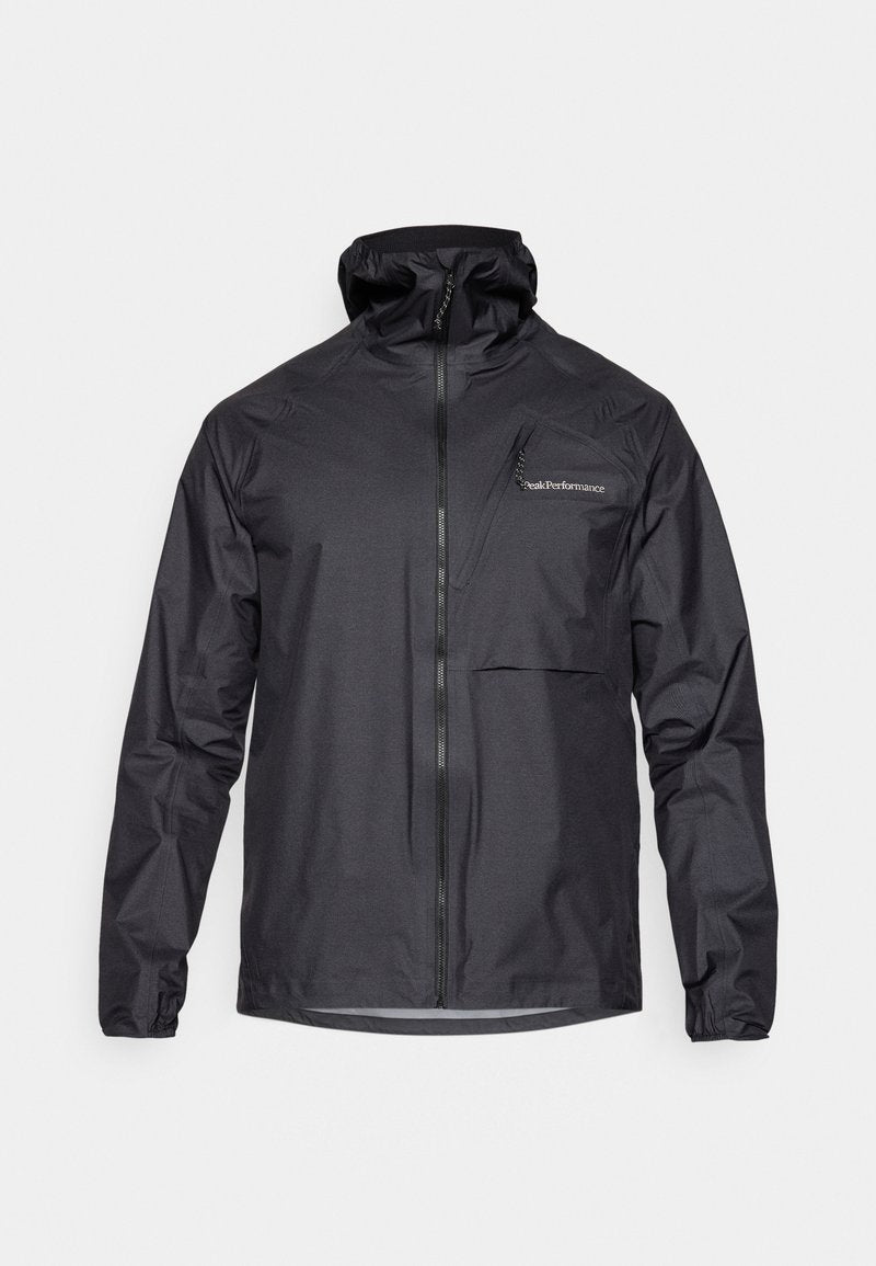 Schwarze leichte Jacke mit einem Reißverschluss vorne, hohem Kragen und einer Brusttasche. Hergestellt aus einem glatten, wasserabweisenden Stoff mit elastischen Bündchen.