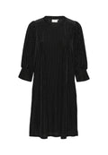 Schwarzes Samtkleid mit vertikalen Streifen, Rundhalsausschnitt und dreiviertellangen Puffärmeln, lässiger Schnitt und knielange Länge.