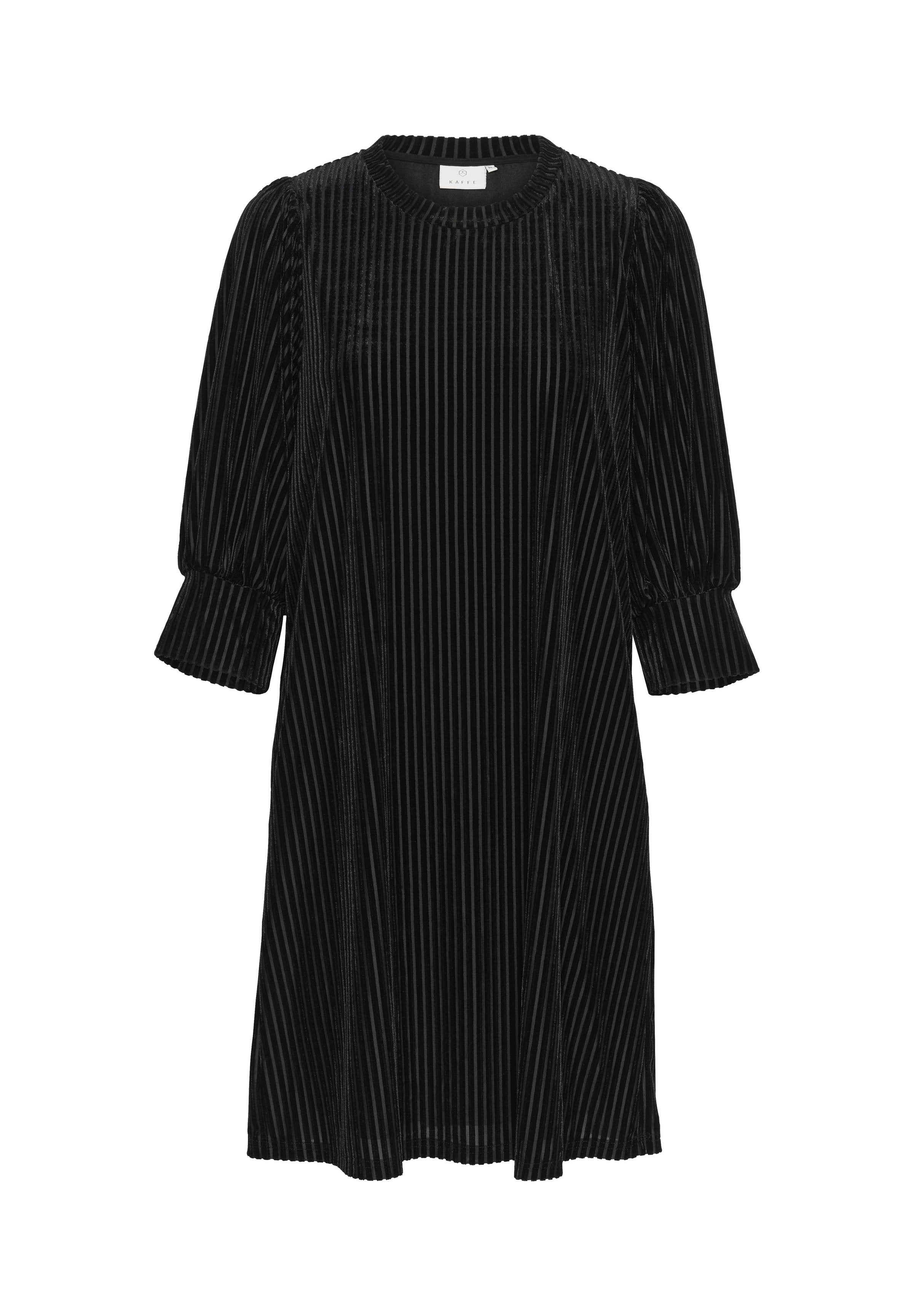 Schwarzes Samtkleid mit vertikalen Streifen, Rundhalsausschnitt und dreiviertellangen Puffärmeln, lässiger Schnitt und knielange Länge.
