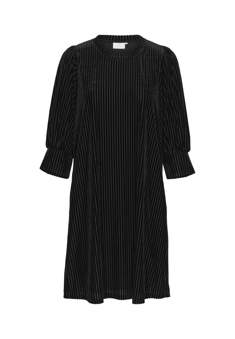 Schwarzes Samtkleid mit vertikalen Streifen, Rundhalsausschnitt und dreiviertellangen Puffärmeln, lässiger Schnitt und knielange Länge.