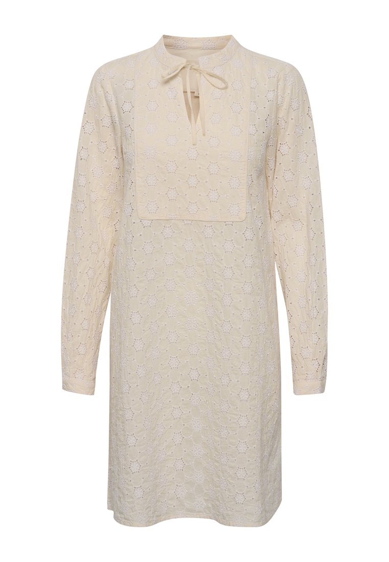Ein leichtes cremefarbenes Kleid mit Spitze, langen Ärmeln, einem Schlüssel-ausschnitt und einem Kordelzug. Verfügt über ein strukturiertes, florales Design über das gesamte Kleid.