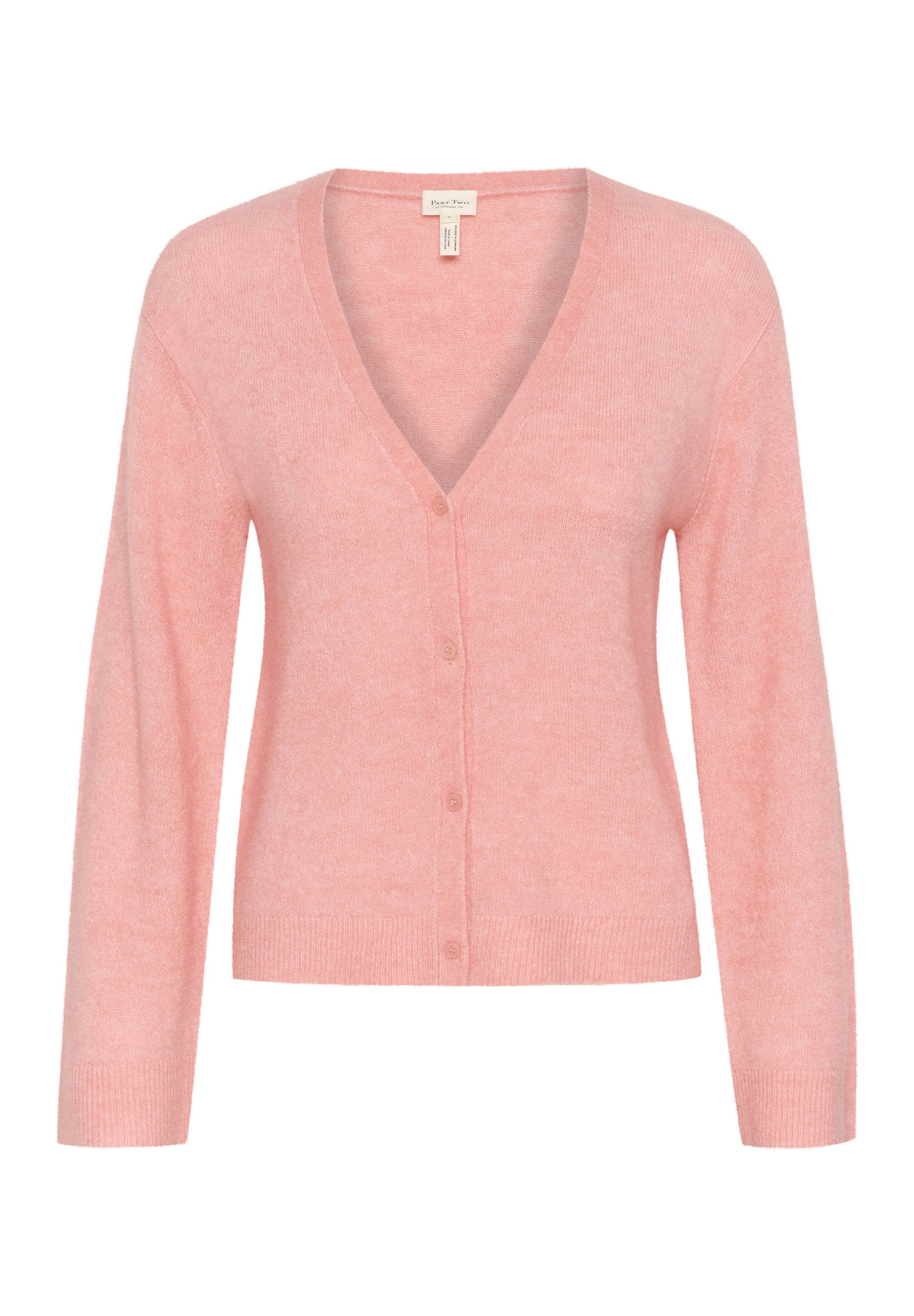 Hellrosa Strickjacke mit V-Ausschnitt, langen Ärmeln und Knopfverschluss. Hergestellt aus weichem, strukturiertem Stoff mit geripptem Saum und Bündchen.