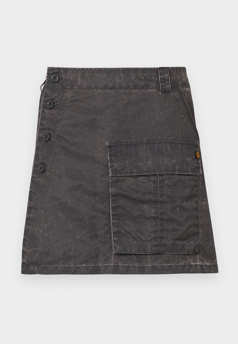 Grauer Rock aus strukturiertem Stoff mit einer Knopfleiste vorne und einer Seitentasche. Besitzt einen subtilen, abgenutzten Look und gestickte Details.