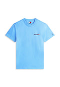 Hellblaues T-Shirt mit kurzen Ärmeln und Rundhalsausschnitt, kleiner "TOMMY"-Schriftzug und Logo auf der Brust sowie einem kleinen Flaggenemblem am linken Ärmel.