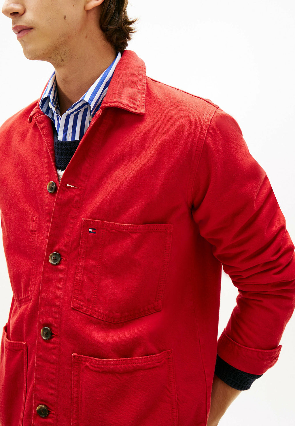 WASHED FLAG EMBROIDERY DENIM CHORE JACKET Media 5