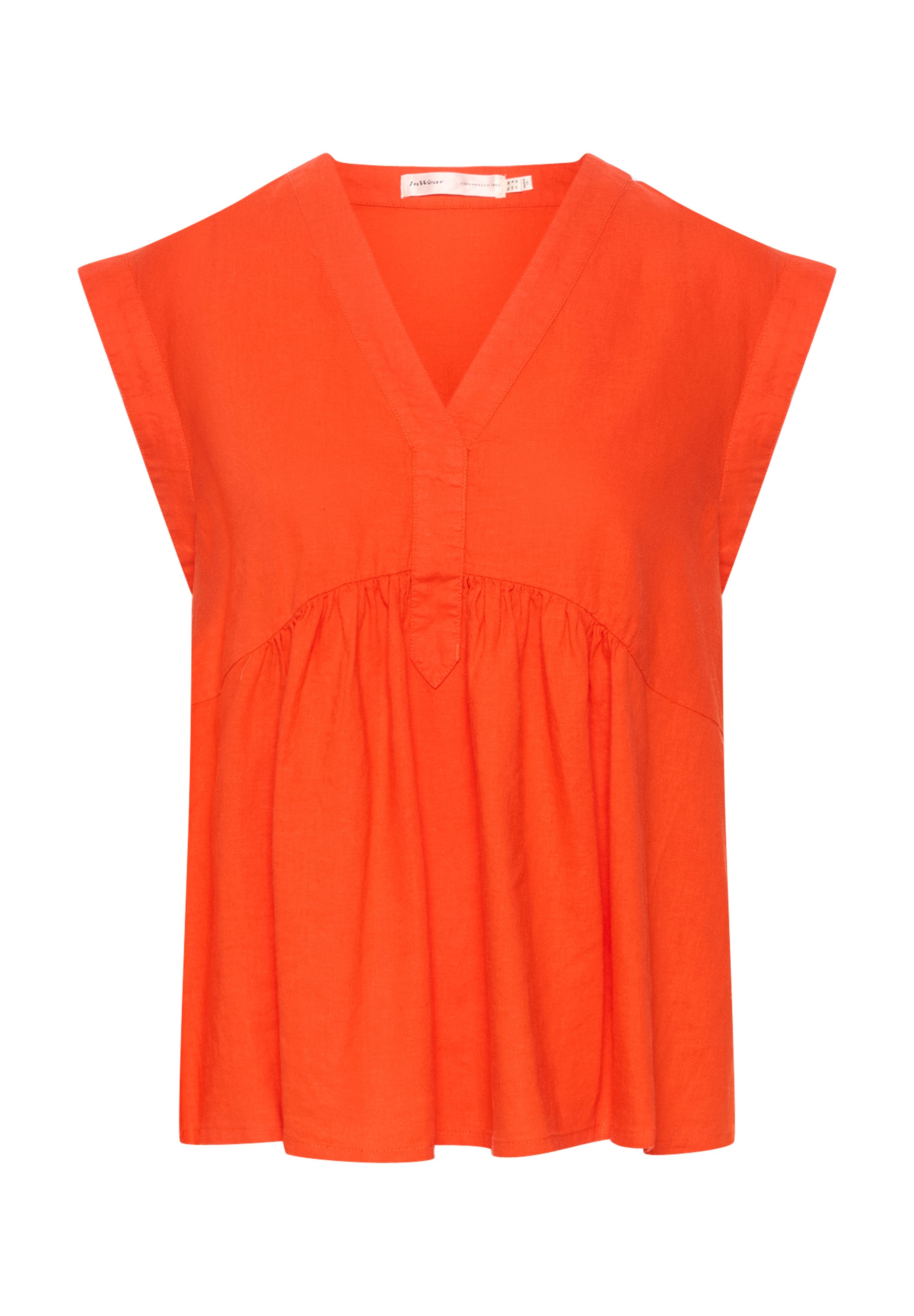 V-Ausschnitt orangefarbenes Leinenoberteil mit kurzen Ärmeln, gerafftem Detail an der Taille und lässiger Passform. Sanfte Textur und schlichtes Design.