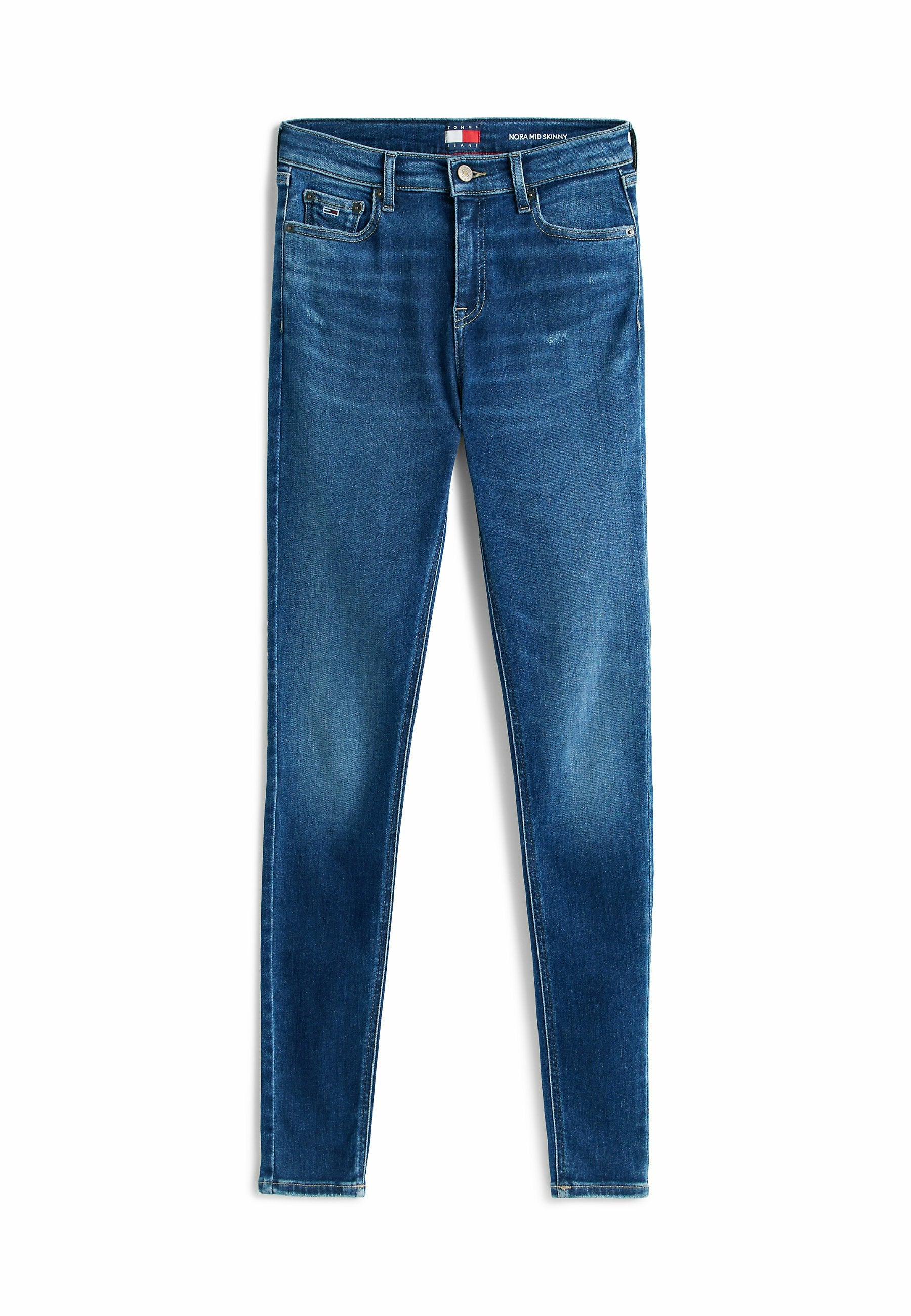 Schlanke Jeans in mittlerem blauen Denim mit leichter Ausbleichung. Verfügt über fünf Taschen, einen Knopfverschluss und Gürtelschlaufen. Glatte Textur und schmale Passform.