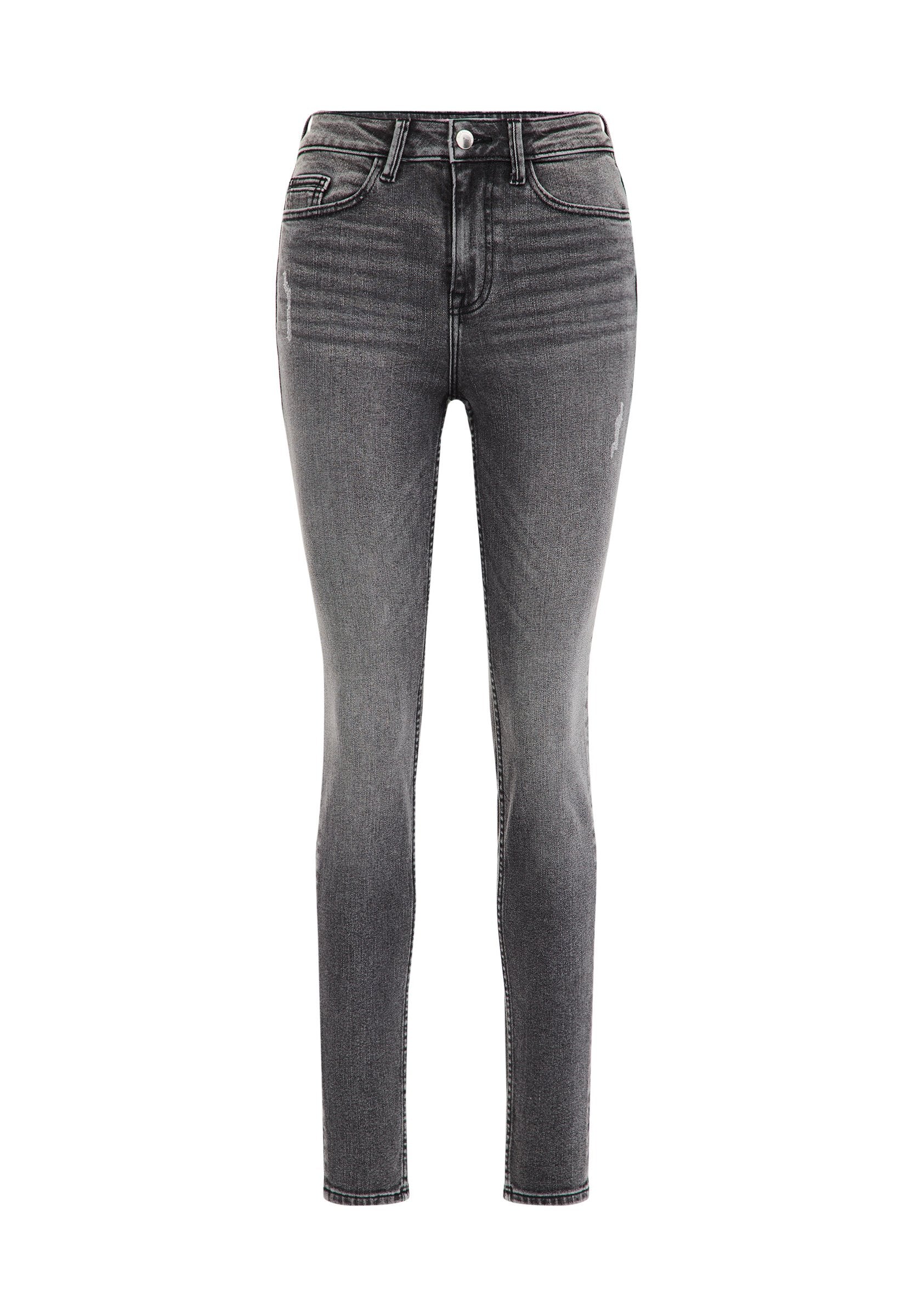 Schmale Jeans aus dunkelgrauem Denim, mit hoher Taille, vorderen Taschen und leicht verwaschenen Details. Standard-Gürtelschlaufen und ein Metallknopf.