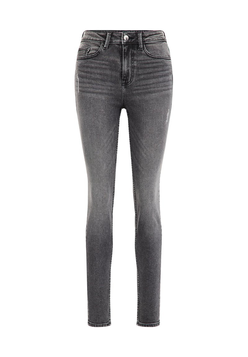 Schmale Jeans aus dunkelgrauem Denim, mit hoher Taille, vorderen Taschen und leicht verwaschenen Details. Standard-Gürtelschlaufen und ein Metallknopf.