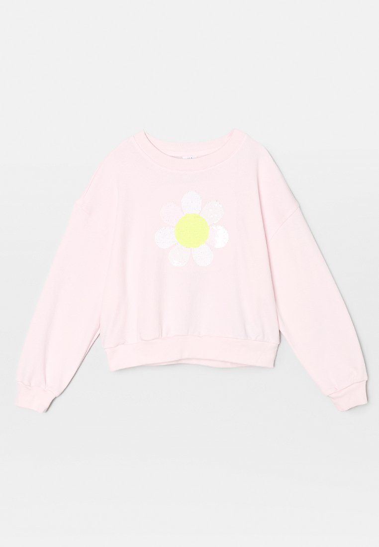 Hellrosa, langärmeliges, kurzes Sweatshirt mit gerippten Bündchen und Saum, vorne mit einer großen weißen Gänseblume mit gelbem Zentrum.