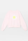 Hellrosa, langärmeliges, kurzes Sweatshirt mit gerippten Bündchen und Saum, vorne mit einer großen weißen Gänseblume mit gelbem Zentrum.