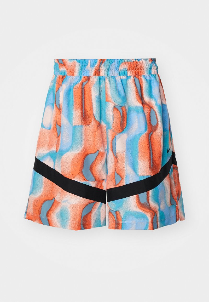 Bunte Shorts mit einem wellenförmigen abstrakten Muster in Orange, Blau und Pfirsich, mit einem elastischen Bund und einem schwarzen Akzentstreifen.