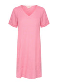 Rosa Leinenkleid mit V-Ausschnitt, kurzen Ärmeln und lockerer Passform. Glatte Textur, knielang, schlichtes Design ohne Muster oder Verzierungen.