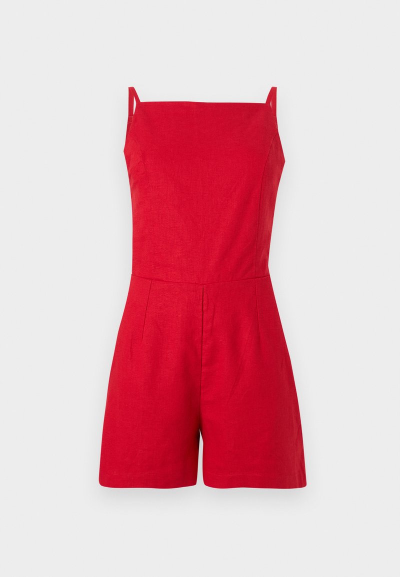Rotes Leinen-Overall mit dünnen Trägern, quadratischem Ausschnitt und gefaltetem Vorderdesign. Taillierte Passform mit Shorts, minimalistisches Design.