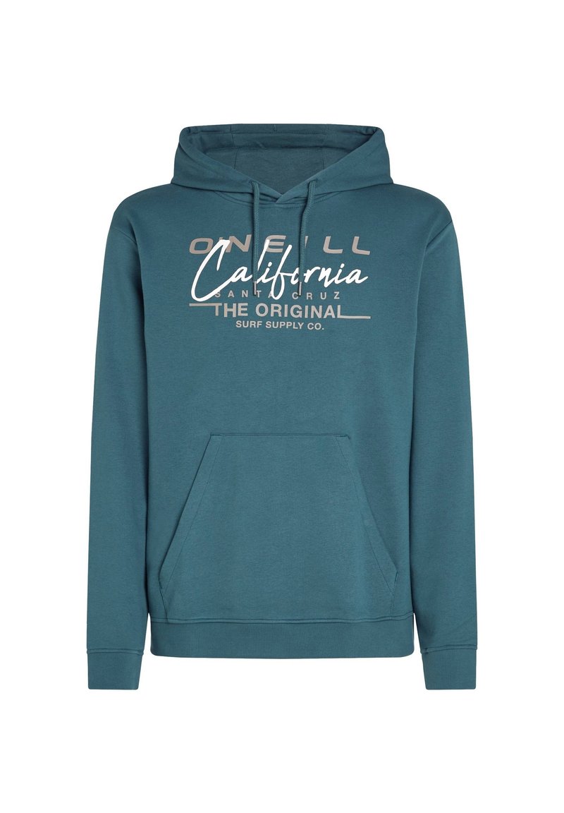 Türkisfarbener Hoodie aus Baumwollmischgewebe, mit Kängurutasche, verstellbarer Kordelzugkapuze und weißen Druckgrafiken auf der Vorderseite.