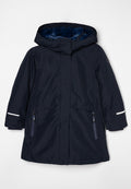 Marineblaue Kapuzenjacke mit Reißverschlusstaschen, weicher Innenausstattung und reflektierenden Akzenten. Verfügt über einen mittel langen Schnitt und strukturierten Stoff.