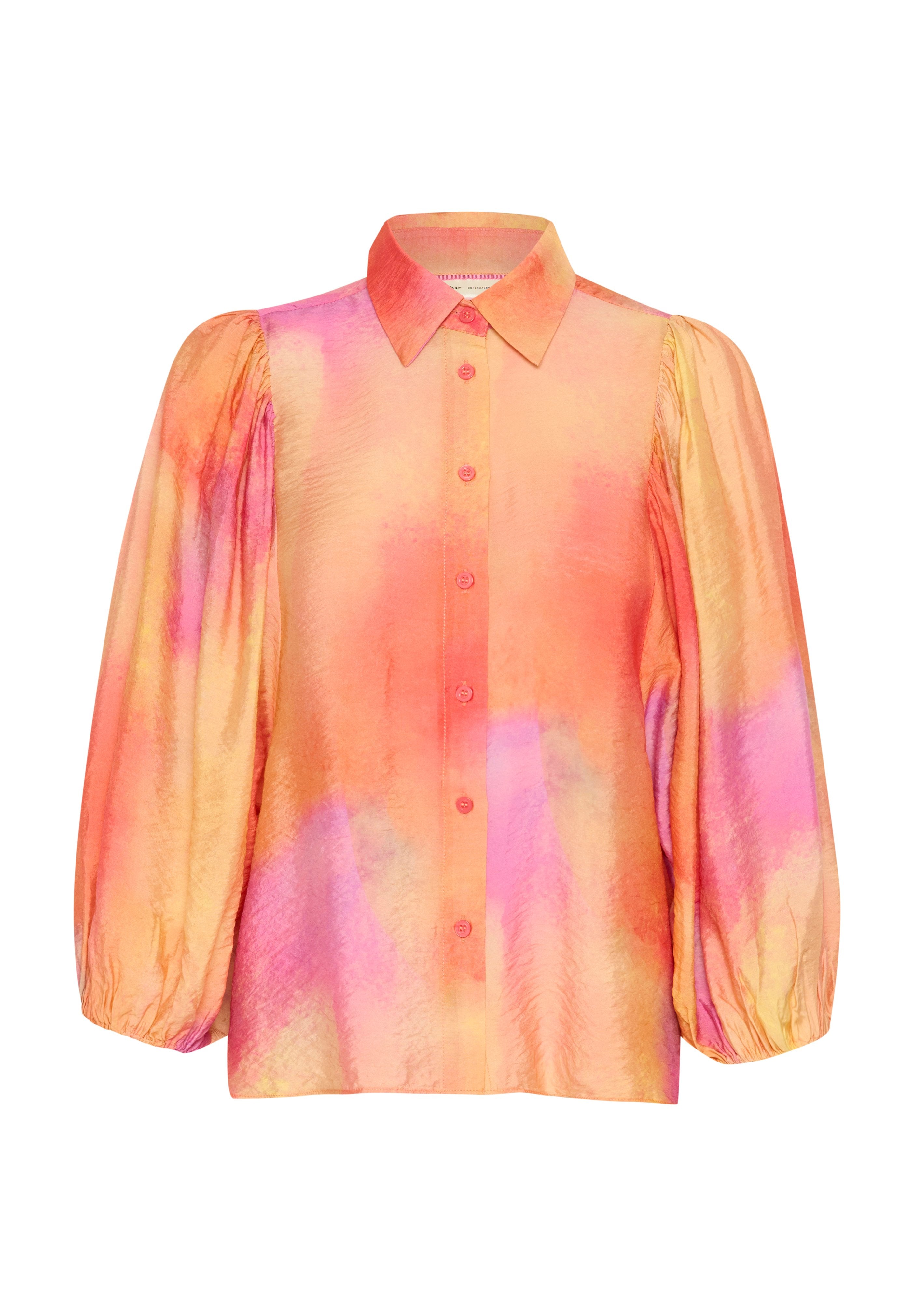Hemd mit Kragen, in einem Farbverlauf von Orange und Pink, aus strukturiertem Stoff und mit puffigen langen Ärmeln.
