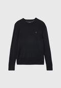 Schwarzer Strickpullover mit Rundhalsausschnitt und langen Ärmeln, ausgestattet mit einem kleinen gestickten Logo auf der Brust sowie einem gerippten Saum und Bündchen.