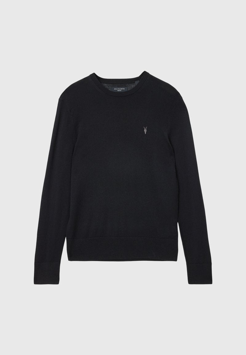 Schwarzer Strickpullover mit Rundhalsausschnitt und langen Ärmeln, ausgestattet mit einem kleinen gestickten Logo auf der Brust sowie einem gerippten Saum und Bündchen.