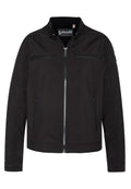Schwarze Softshell-Jacke mit Frontreißverschluss, zwei Reißverschluss-Brusttaschen und zwei Reißverschluss-Seitentaschen, ausgestattet mit einem Stehkragen und langen Ärmeln.