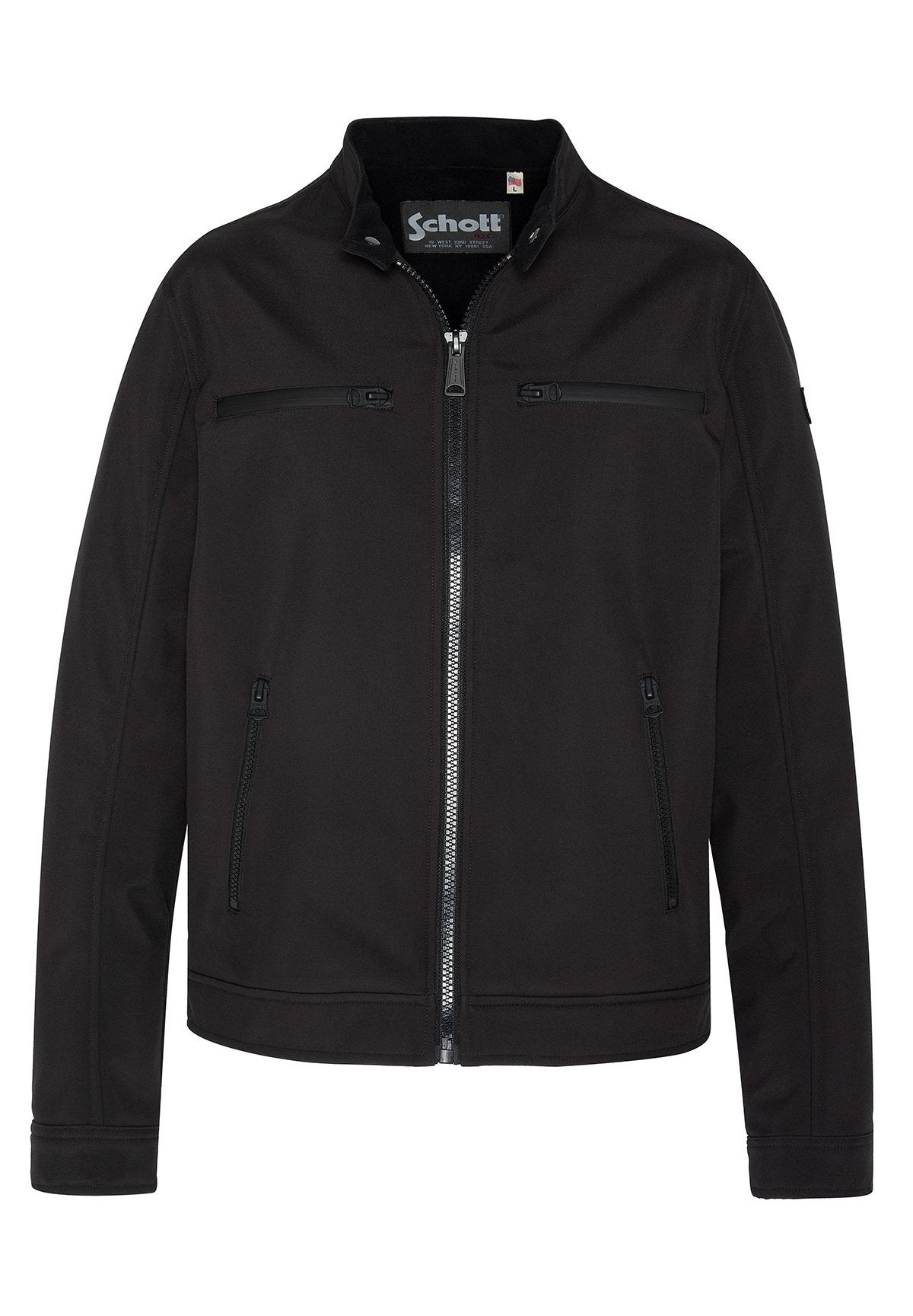 Schwarze Softshell-Jacke mit Frontreißverschluss, zwei Reißverschluss-Brusttaschen und zwei Reißverschluss-Seitentaschen, ausgestattet mit einem Stehkragen und langen Ärmeln.