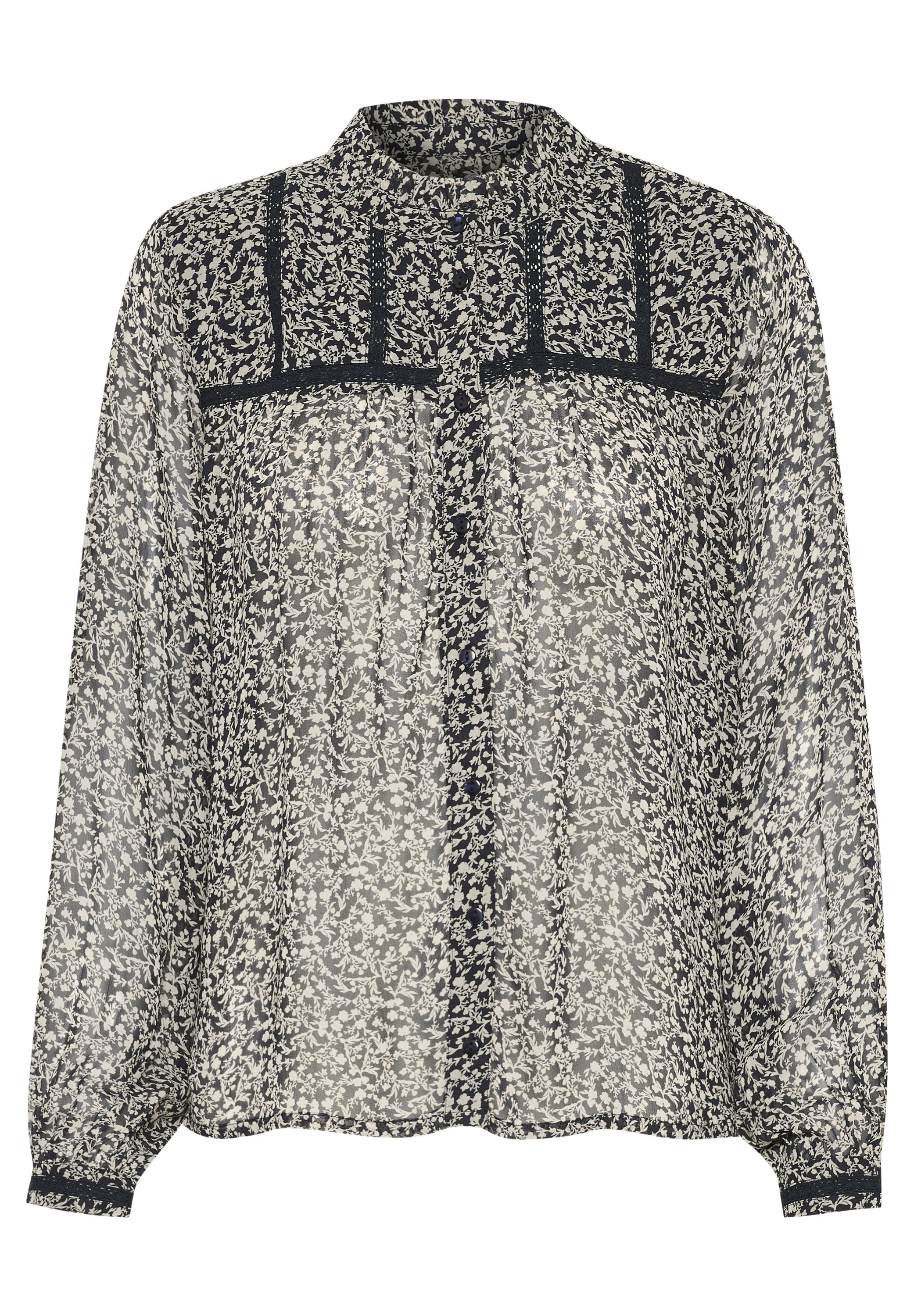 Durchsichtige Bluse mit langen Ärmeln im schwarz-weißen Blumenmuster, mit Knöpfen, einem Mandarin-Kragen und strukturierten Akzenten entlang der Brust.