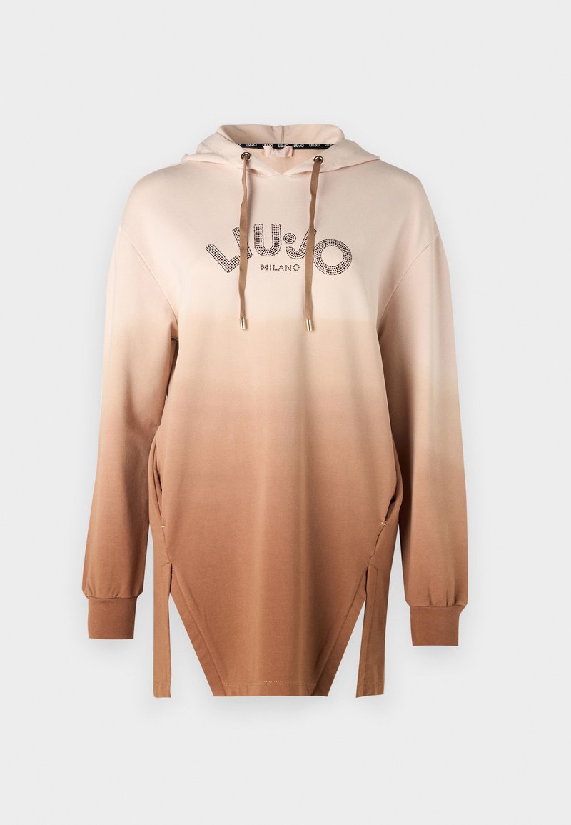 Kapuzensweatshirt in einem Farbverlauf von Beige zu Braun, mit einem Logo in metallischer Ausführung, seitlichen Schlitzen und gerippten Bündchen. Glatte, weiche Textur.