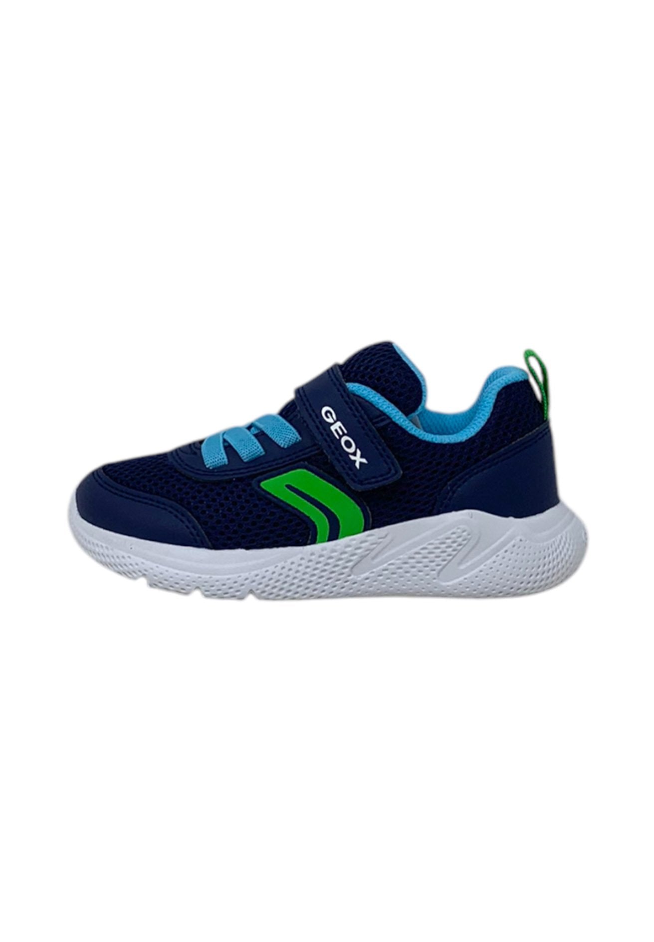 Blaues und marineblaues Netzsneaker mit grünen Akzenten, weißer Sohle, Schnür- und Klettverschlüssen, mit einem strukturierten Design für besseren Halt.