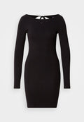 Schwarzes, eng anliegendes Langarmkleid mit rundem Ausschnitt und einer Schleifenbefestigung am Rücken. Glatter Stoff mit einem schlichten, eleganten Design.
