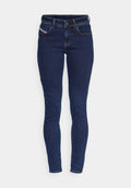 Dunkelblaue Skinny Jeans aus Denim, mit zwei Vordertaschen, einer kleinen Münztasche und sichtbaren Nähten entlang der Nähte.