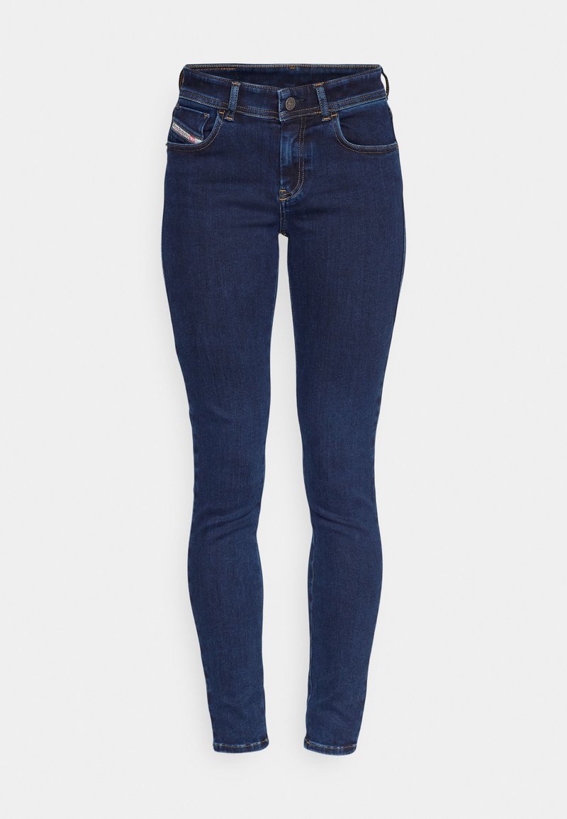 Dunkelblaue Skinny Jeans aus Denim, mit zwei Vordertaschen, einer kleinen Münztasche und sichtbaren Nähten entlang der Nähte.
