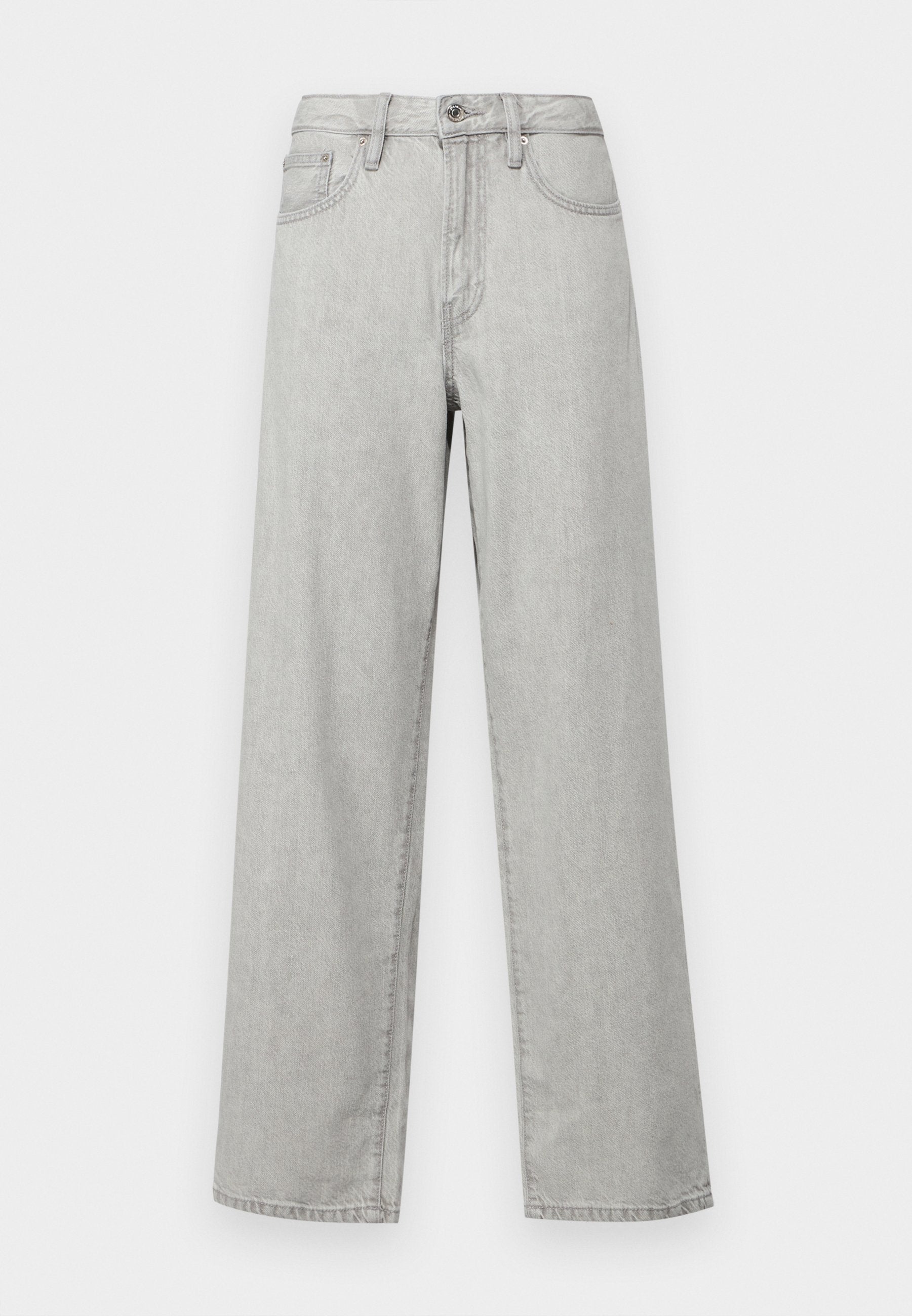 Hellgraue, weit geschnittene Jeans aus Denim mit hoher Taille, Fronttaschen und einem Standardverschluss mit Knopf und Reißverschluss.
