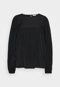 Schwarze Bluse mit langen Ärmeln, strukturiertem Punkte-Muster, lockerer Passform und gerafften Ärmeln. Rundhalsausschnitt. Weicher Stoff mit dezentem Glanz.
