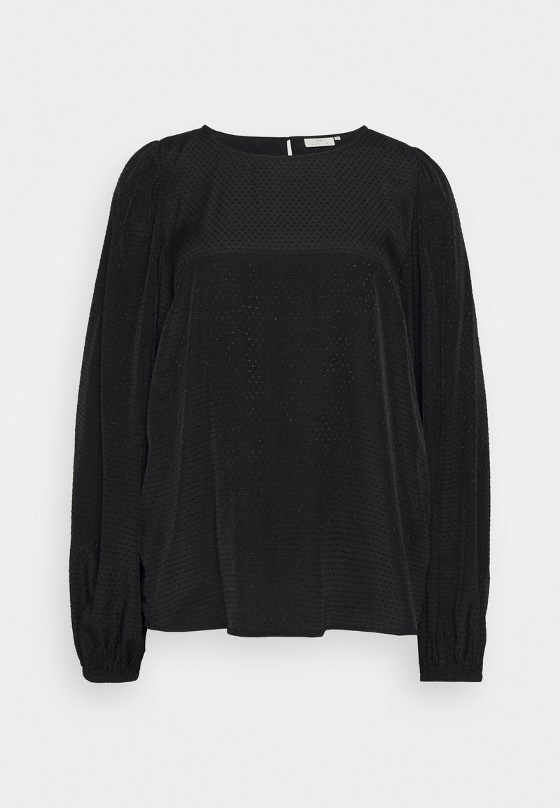 Schwarze Bluse mit langen Ärmeln, strukturiertem Punkte-Muster, lockerer Passform und gerafften Ärmeln. Rundhalsausschnitt. Weicher Stoff mit dezentem Glanz.