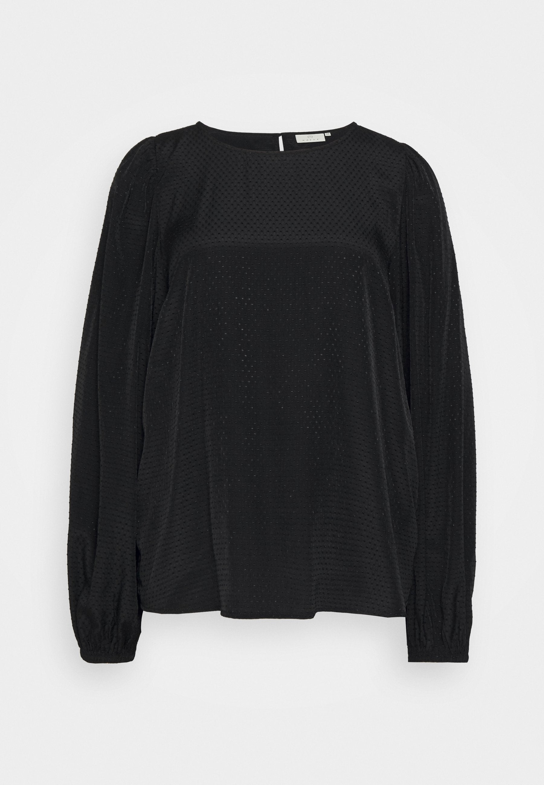 Schwarze Bluse mit langen Ärmeln, strukturiertem Punkte-Muster, lockerer Passform und gerafften Ärmeln. Rundhalsausschnitt. Weicher Stoff mit dezentem Glanz.