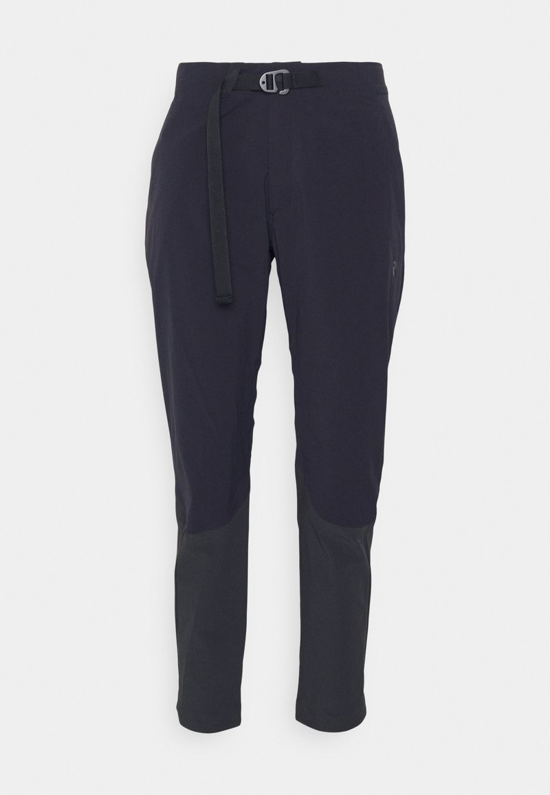 Dunkelblaue Outdoor-Hosen aus leichtem Material, ausgestattet mit einem Gürtel, Taschen und kontrastierenden, dunkelgrauen Knieeinsätzen für zusätzliche Haltbarkeit.