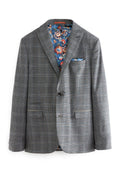 Grau karierter Blazer mit einem einzelnen Knopf, zwei Vordertaschen und blauer Blumenfutter. Enthält ein Taschentuch in Blau mit floralen Akzenten.